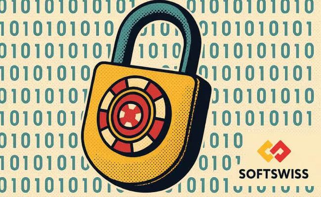 Retro-style illustration of a padlock with a casino chip design, symbolizing SoftSwiss Affilka's fraud detection tool, with binary code background.