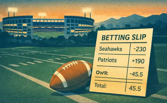 Illustration of an American football stadium with a betting slip ahead of Super Bowl betting in 2026.