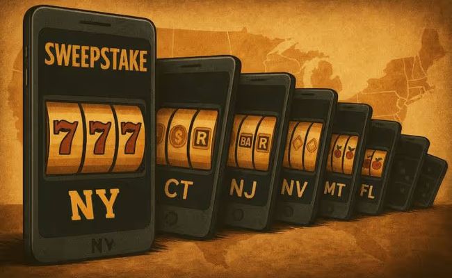 Illustration of smartphones falling like dominoes, each showing a slot game and state initials, symbolizing the sweepstakes casino ban spreading across the United States.