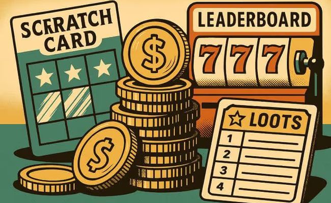 An illustration of an online sweepstakes casino featuring virtual coins, scratchcards, slot machines, and a leaderboard on a stylized game board