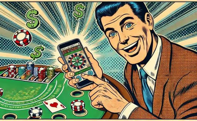 illustration of a man playing casino table games on his mobile phone