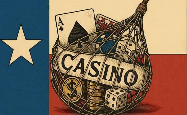 Mid-century modern illustration of a Texas flag with a detailed rope net capturing casino symbols, representing Texas tightening the net on sweepstakes casinos.