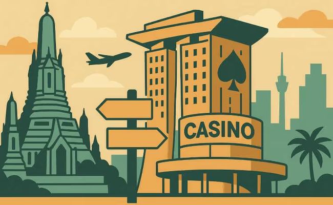 Illustration of a casino building next to a Thai temple with a plane flying overhead, symbolizing tourism and gambling regulation in Thailand.
