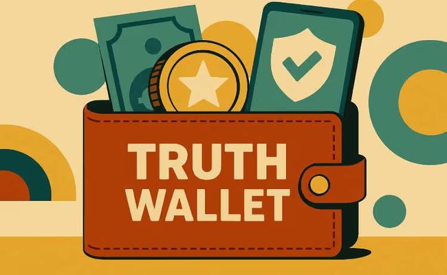 Mid-century modern illustration of a digital "Truth Wallet" containing a coin, banknote, and smartphone.