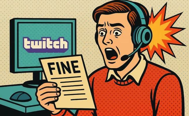 Retro pop art illustration of a judge’s gavel striking a glowing Twitch logo over a roulette wheel, symbolizing a crackdown on illegal gambling ads.