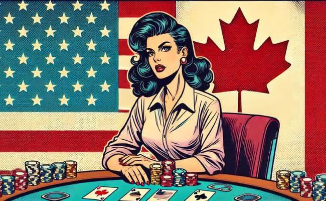 An image of a confused casino player next to US and Canadian flags