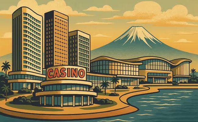 Retro-style travel poster illustration of MGM Osaka, Japan's first integrated casino resort, featuring Japanese trees, hotel towers, and a cultural island setting.