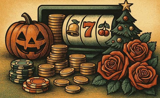 illustration of Wazdan network promotion showing online slot reels, gold coins, casino chips, and festive elements for Halloween, Christmas, and Valentine’s Day
