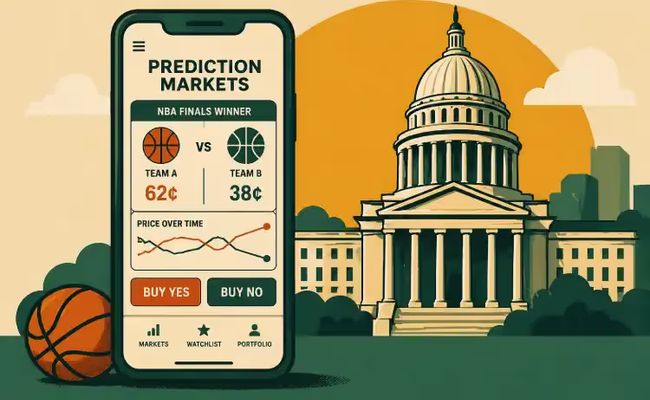 Prediction markets mobile app showing sports contract pricing in front of a US capitol building, illustrating regulation of predictive betting platforms