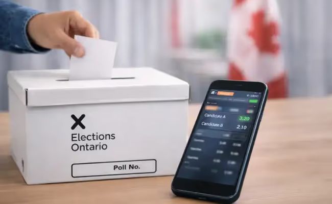 Betting App on mobile phone next to an Alberta ballot box