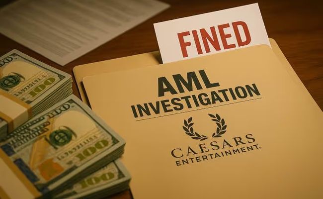 A photo of an AML investigation folder labeled “Caesars Entertainment” with a “FINE” notice partially visible inside, placed on a wooden desk beside stacks of hundred-dollar bills and blurred financial documents.