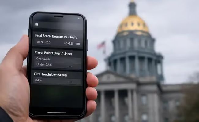 Smartphone showing sports betting interface outside Colorado State Capitol during debate over prop bet ban
