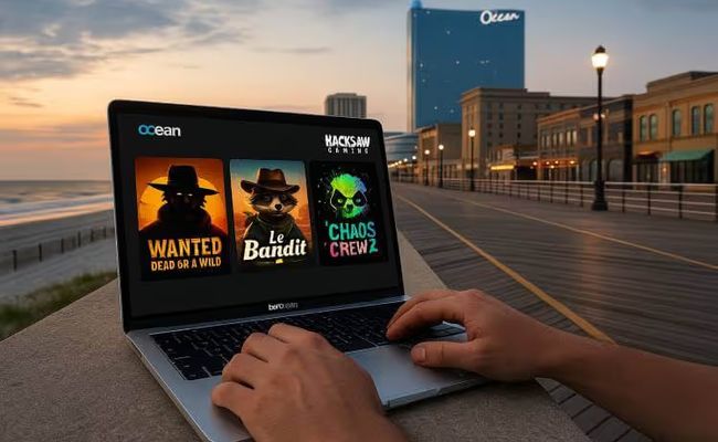 Photo-realistic image showing a laptop and smartphone on a wooden desk displaying Hacksaw Gaming slot thumbnails and logo, with the Atlantic City Boardwalk and Ocean Casino Resort visible through the window at sunset.