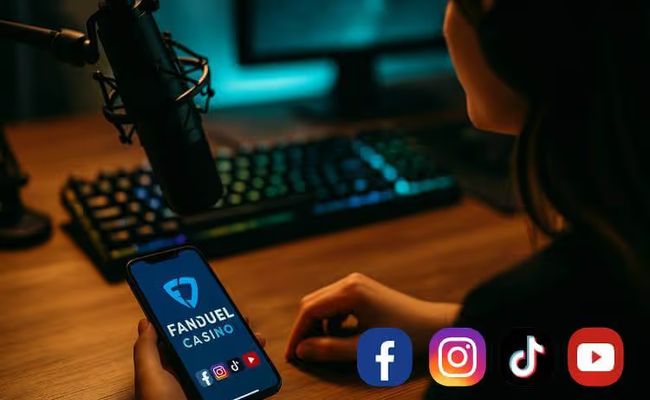 A streamer’s desk with a smartphone displaying the FanDuel Casino app and social media icons for Facebook, Instagram, TikTok, and YouTube, symbolizing the FanDuel Casino and Lady Luck HQ partnership.