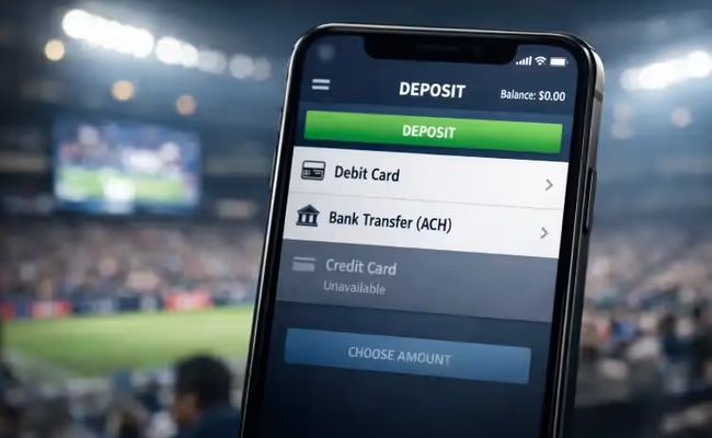 Smartphone displaying sports betting deposit screen with credit card option unavailable, illustrating FanDuel ending credit card deposits in the U.S.