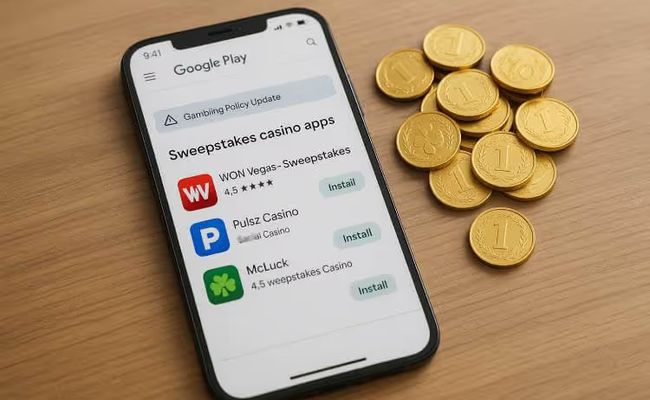 Smartphone showing Google Play Store screen with sweepstakes casino apps and a “Gambling Policy Update” banner beside stacked gold coins.