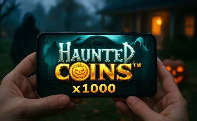 A person holding a smartphone showing Wazdan’s Haunted Coins™ x1000 slot game, set in a Halloween-themed scene