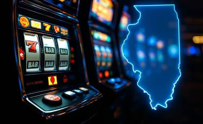 A realistic landscape photo of illuminated slot machines with a glowing outline of the state of Illinois overlaid in the background, used to illustrate Illinois casino revenue trends.