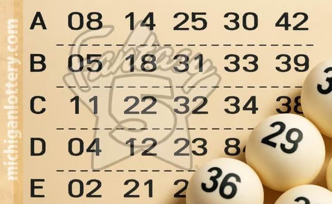 Close-up of a Michigan Fantasy 5 lottery ticket showing multiple lines of two-digit numbers with white lottery balls.