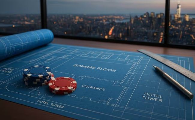 A detailed casino blueprint on a desk with poker chips, drafting tools, and the New York City skyline in the background, symbolizing upcoming casino developments in NYC.