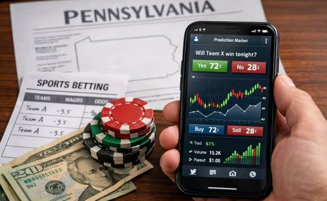 Smartphone showing prediction market data next to casino chips, betting slip, and cash, illustrating Pennsylvania gambling and trading concerns.