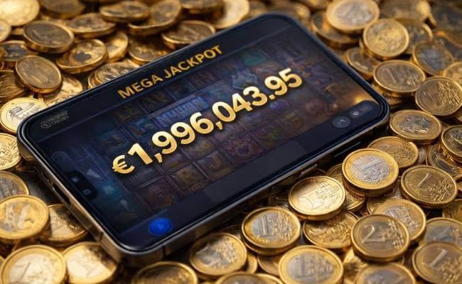 Mobile casino screen showing a €1.99 million Dream Drop Mega Jackpot win surrounded by euro coins