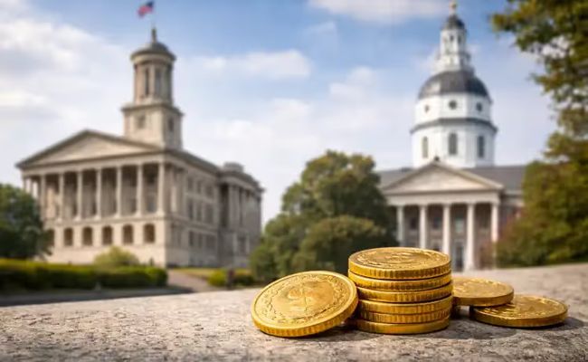 Tennessee and Maryland sweepstakes casino ban represented by state capitols and gold sweepstake coins