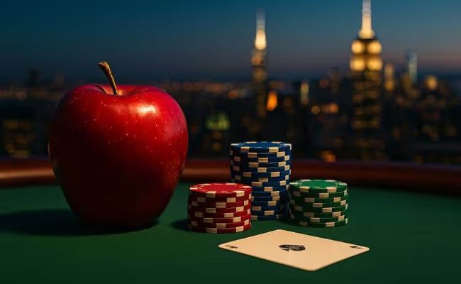 A glossy red apple surrounded by casino chips on a reflective table with a blurred New York City skyline in the background, symbolizing New York’s casino expansion.