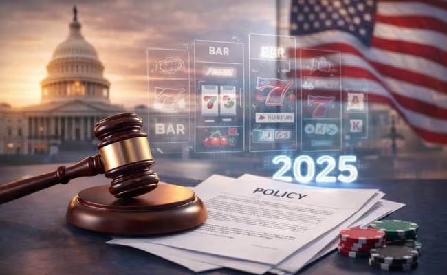 Photo-realistic editorial image showing US online casino regulation in 2025.