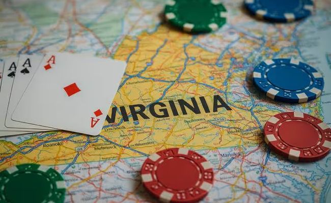 Virginia state map with casino chips and playing cards placed across key cities, representing lawmakers’ discussions on creating a Virginia Gaming Commission and regulating casinos and online gambling.