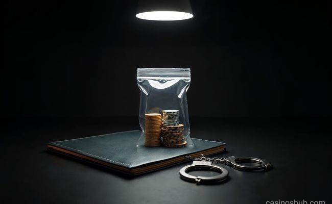Casino chips sealed in forensic evidence bags on a dark investigation table, gold rim light — MGA data breach organised crime links