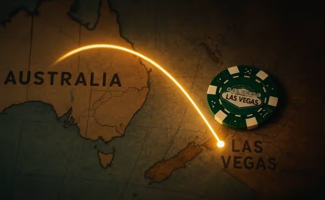 Map showing a glowing connection line from Australia to Las Vegas with a poker chip marking Nevada, symbolising Ainsworth’s licence fallout