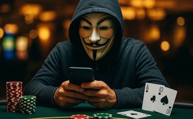 An image of person wearing an anonymous mask and hoodie, playing online casino on a mobile phone.