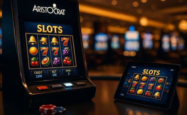 Image showing Aristocrat slot machine set against a world map with glowing lines linking Sydney, London, Las Vegas, and Macau, symbolizing Aristocrat’s global reach across land-based and online casinos.