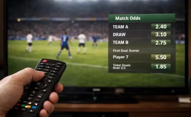 Hand holding a TV remote while watching live sport with gambling odds displayed on screen