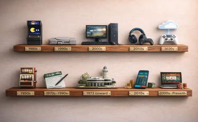 Visual timeline showing the evolution of gaming in Australia from 1950s pokies and retail betting to modern consoles, mobile apps and online platforms.