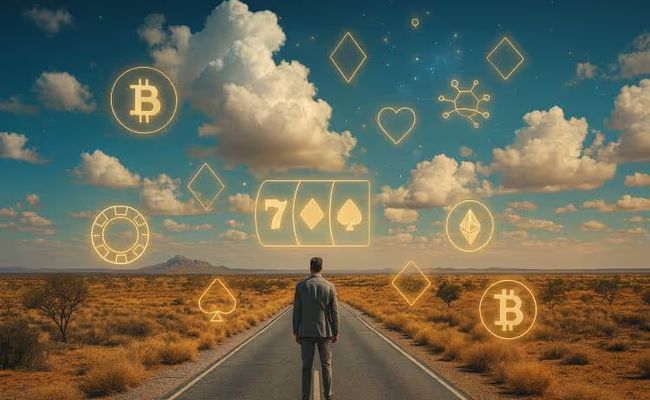 Image of a man on an Australian road at sunrise with casino symbols, symbolizing the future trends and predictions in online gambling, Australia.