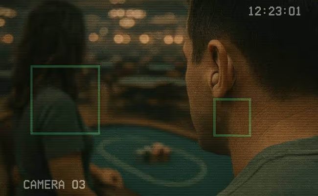 Surveillance-style close-up showing a man wearing a covert earpiece inside a casino, with a blurred woman in the background, representing an Australian casino fraud investigation.