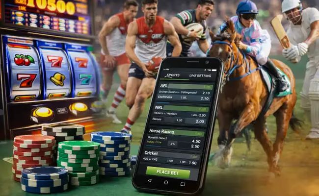 Visual collage of Australia’s gambling industry including pokies, AFL, NRL, horse racing, cricket and a mobile betting app with casino chips.