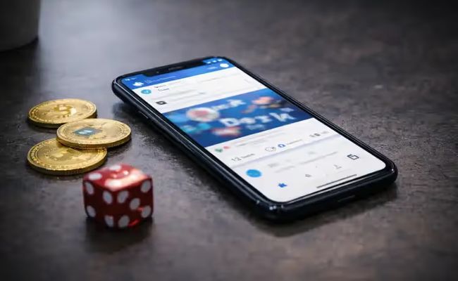 Smartphone showing a social media feed beside cryptocurrency coins, illustrating concerns around crypto casino promotions on social platforms.