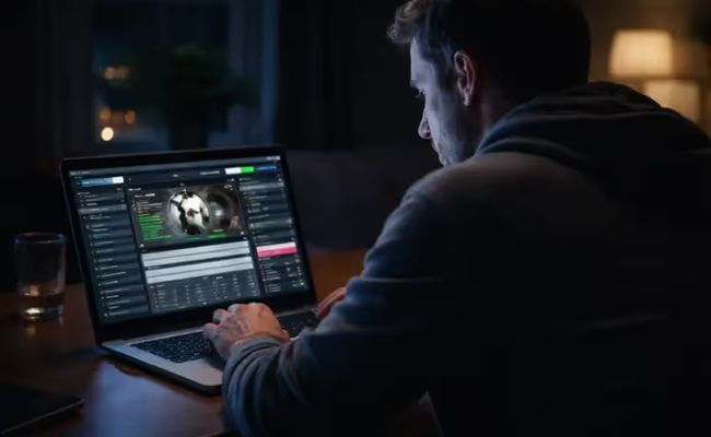 Australian man using a laptop late at night while accessing an online betting account, highlighting concerns around gambling self-exclusion enforcement.