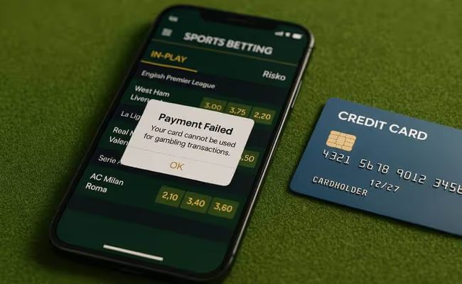 Smartphone showing a payment failed message on an Australian-style sports betting app with a credit card beside it, illustrating the credit card betting ban in Australia.