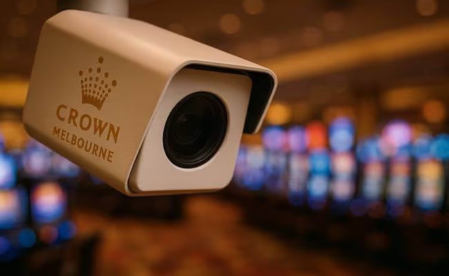 Close-up of a Crown Melbourne security camera overlooking a blurred casino gaming floor.