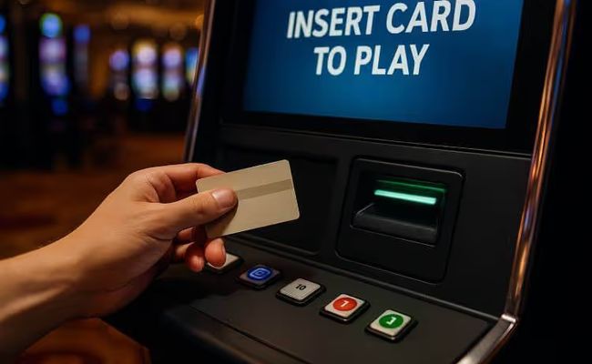 An image of a hand holding a membership-style card in front of an electronic gaming machine showing an “Insert Card to Play” message at Crown Perth Casino.