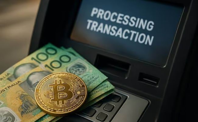 Photo-realistic image showing a Bitcoin coin and Australian hundred-dollar notes placed near a crypto ATM terminal displaying “Processing Transaction,” symbolising AUSTRAC’s crackdown on money-laundering risks linking cash and cryptocurrency.