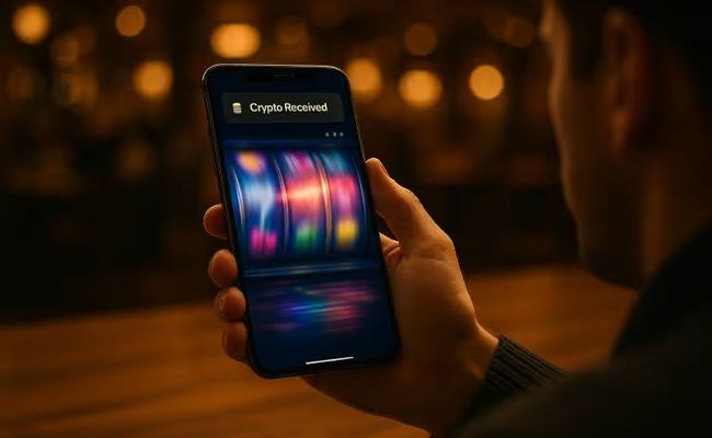 A person holding a smartphone showing fast-spinning slot reels with a “Crypto Received” notification, in a warm, casino-style setting.