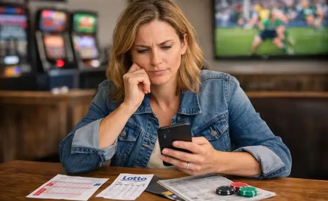 Woman reviewing betting slip, Lotto ticket and mobile betting app in a pub setting, representing legal forms of gambling in Australia.