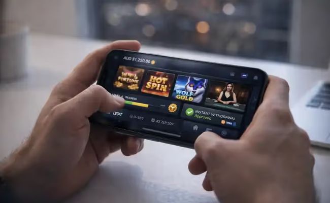 Person playing on a new online casino mobile platform showing features like instant withdrawal and live games.