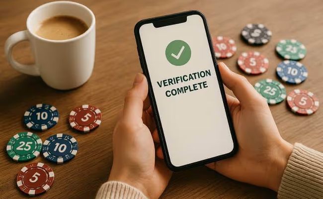 lose-up of hands holding a smartphone showing a ‘Verification Complete’ message beside scattered casino chips and a coffee cup, symbolising fast and paper-free soft KYC verification at online casinos.