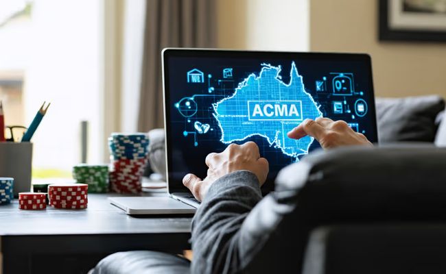 Australian flag with a red "no entry" sign overlays four online casino app icons, symbolizing ACMA gambling crackdown.